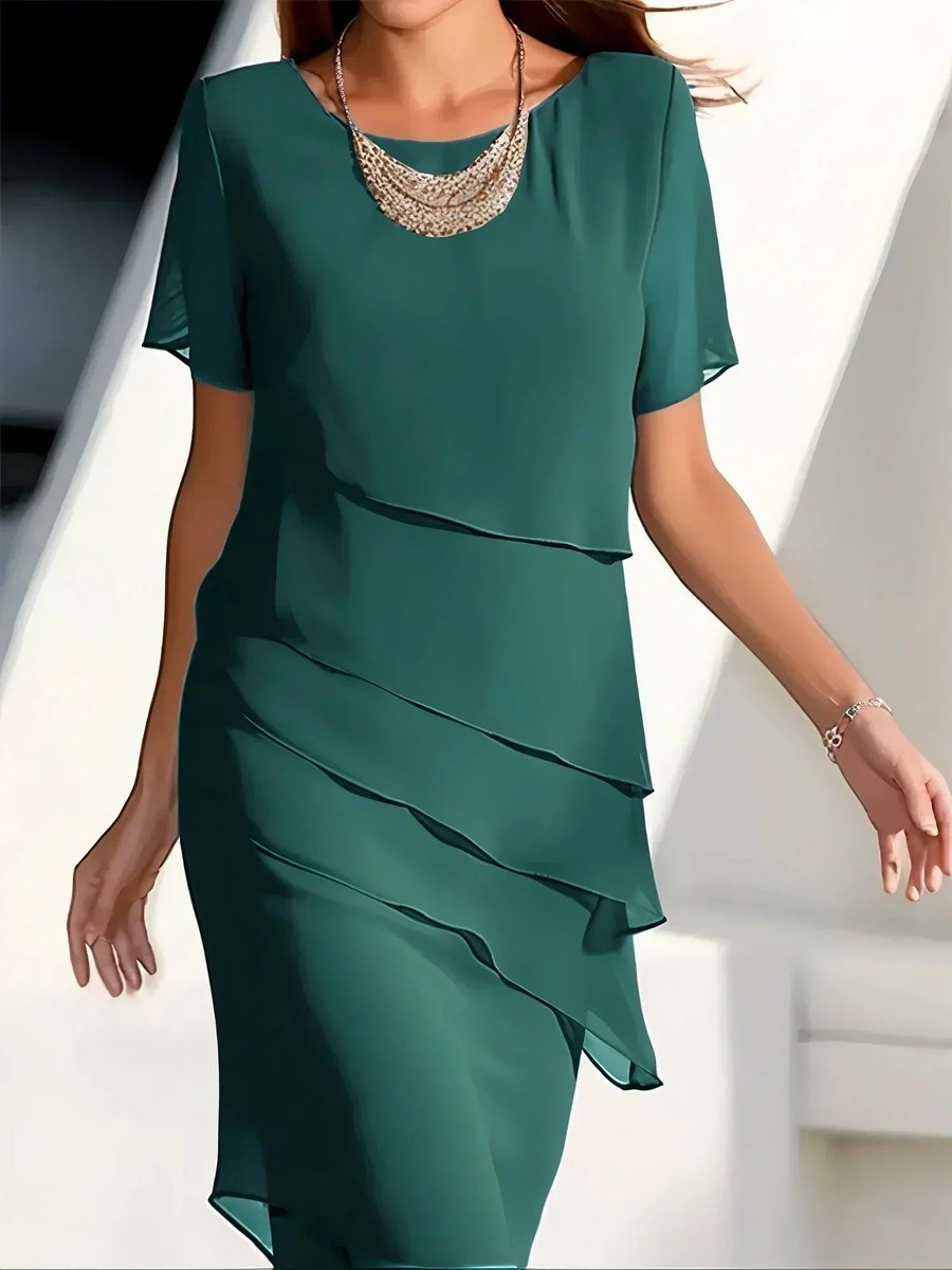 Elegant Midi Dress for Women Tiered Short-Sleeve