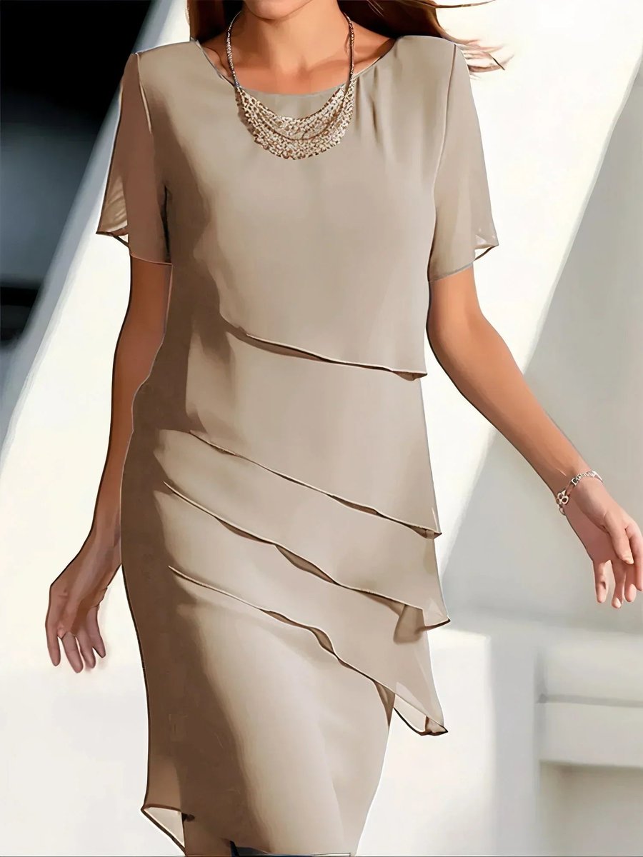Elegant Midi Dress for Women Tiered Short-Sleeve