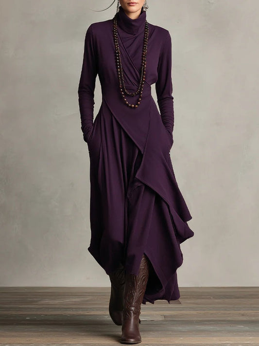 Elegant Maxi Dress for Women Turtleneck Asymmetric-Hem Draped