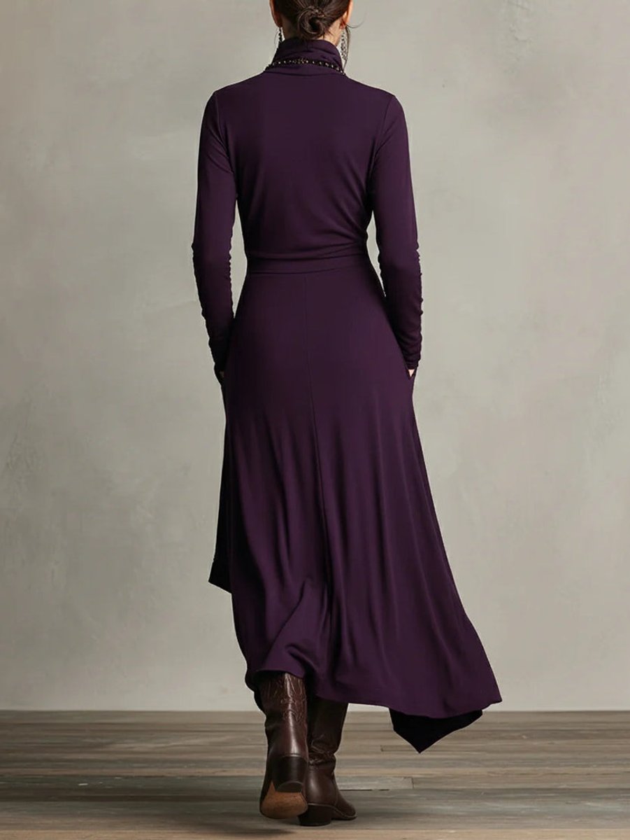 Elegant Maxi Dress for Women Turtleneck Asymmetric-Hem Draped