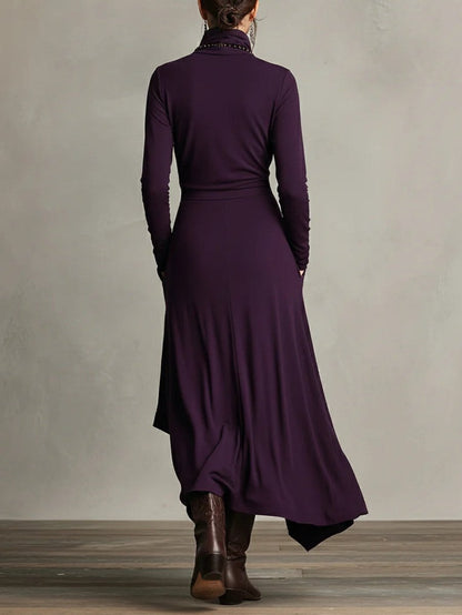 Elegant Maxi Dress for Women Turtleneck Asymmetric-Hem Draped