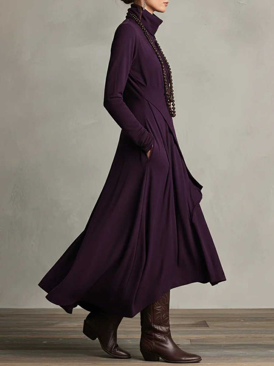 Elegant Maxi Dress for Women Turtleneck Asymmetric-Hem Draped