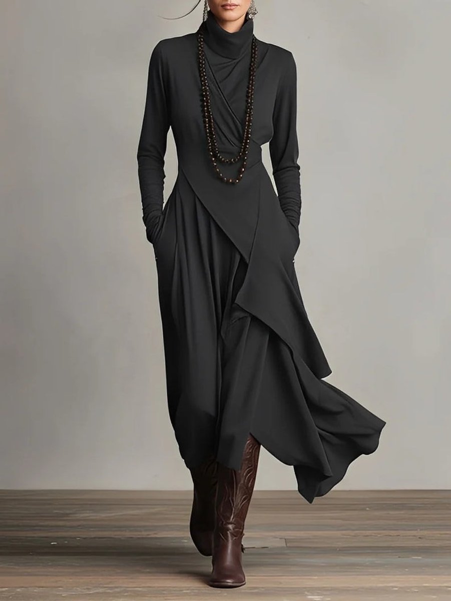 Elegant Maxi Dress for Women Turtleneck Asymmetric-Hem Draped