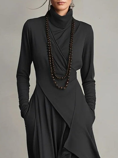 Elegant Maxi Dress for Women Turtleneck Asymmetric-Hem Draped