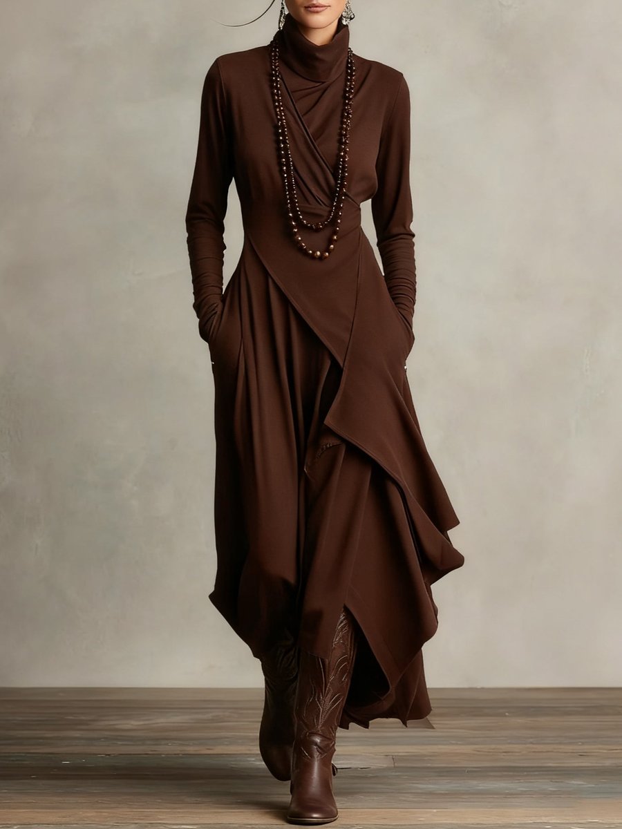 Elegant Maxi Dress for Women Turtleneck Asymmetric-Hem Draped