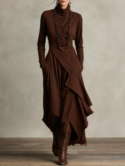 Elegant Maxi Dress for Women Turtleneck Asymmetric-Hem Draped