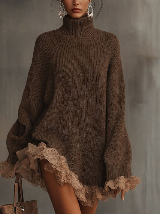 Comfortable Sweater Dress for Women Oversized Turtleneck Lace-Hem