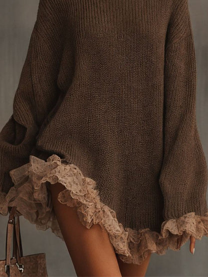 Comfortable Sweater Dress for Women Oversized Turtleneck Lace-Hem