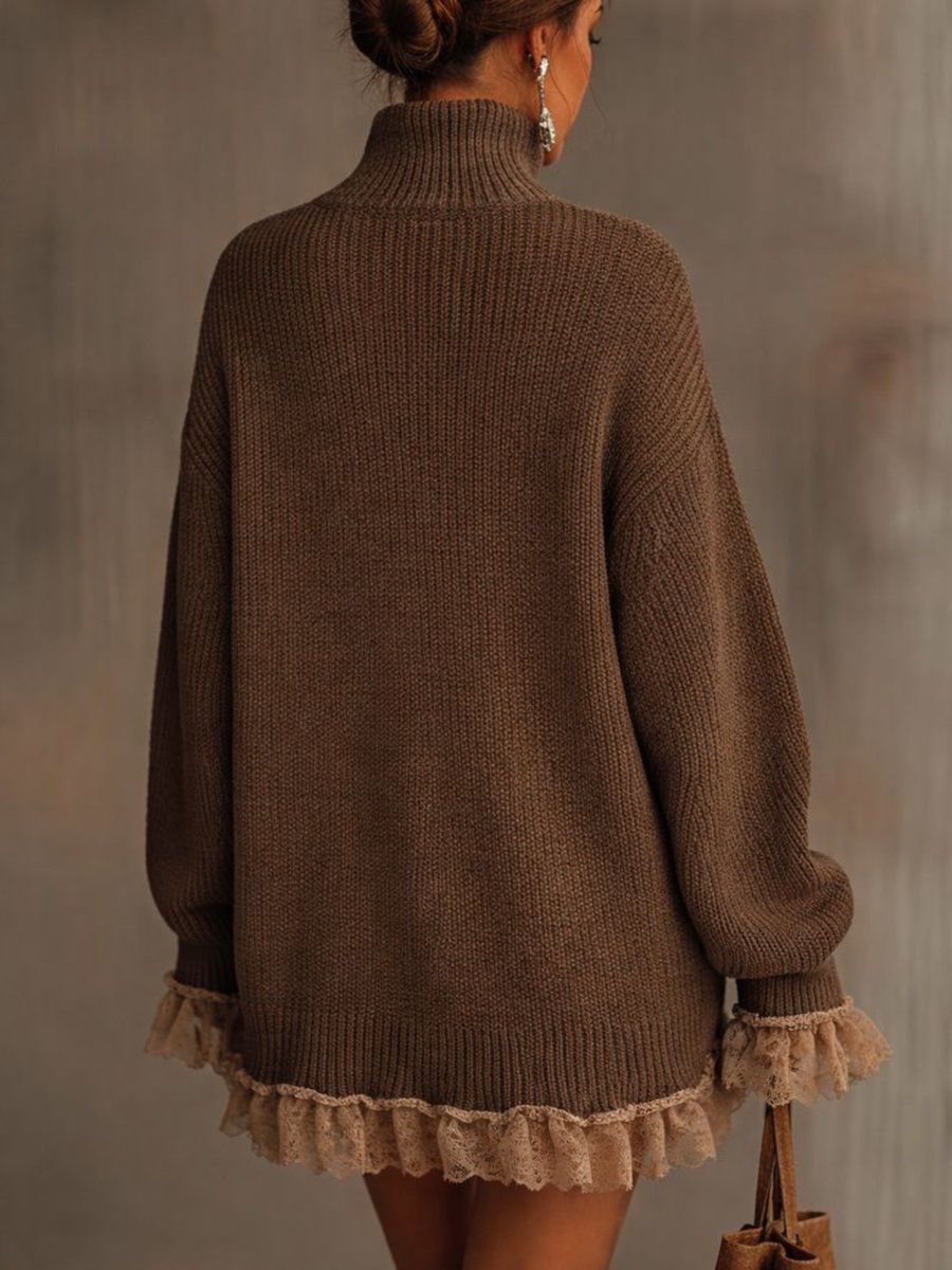 Comfortable Sweater Dress for Women Oversized Turtleneck Lace-Hem