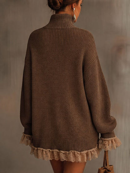 Comfortable Sweater Dress for Women Oversized Turtleneck Lace-Hem
