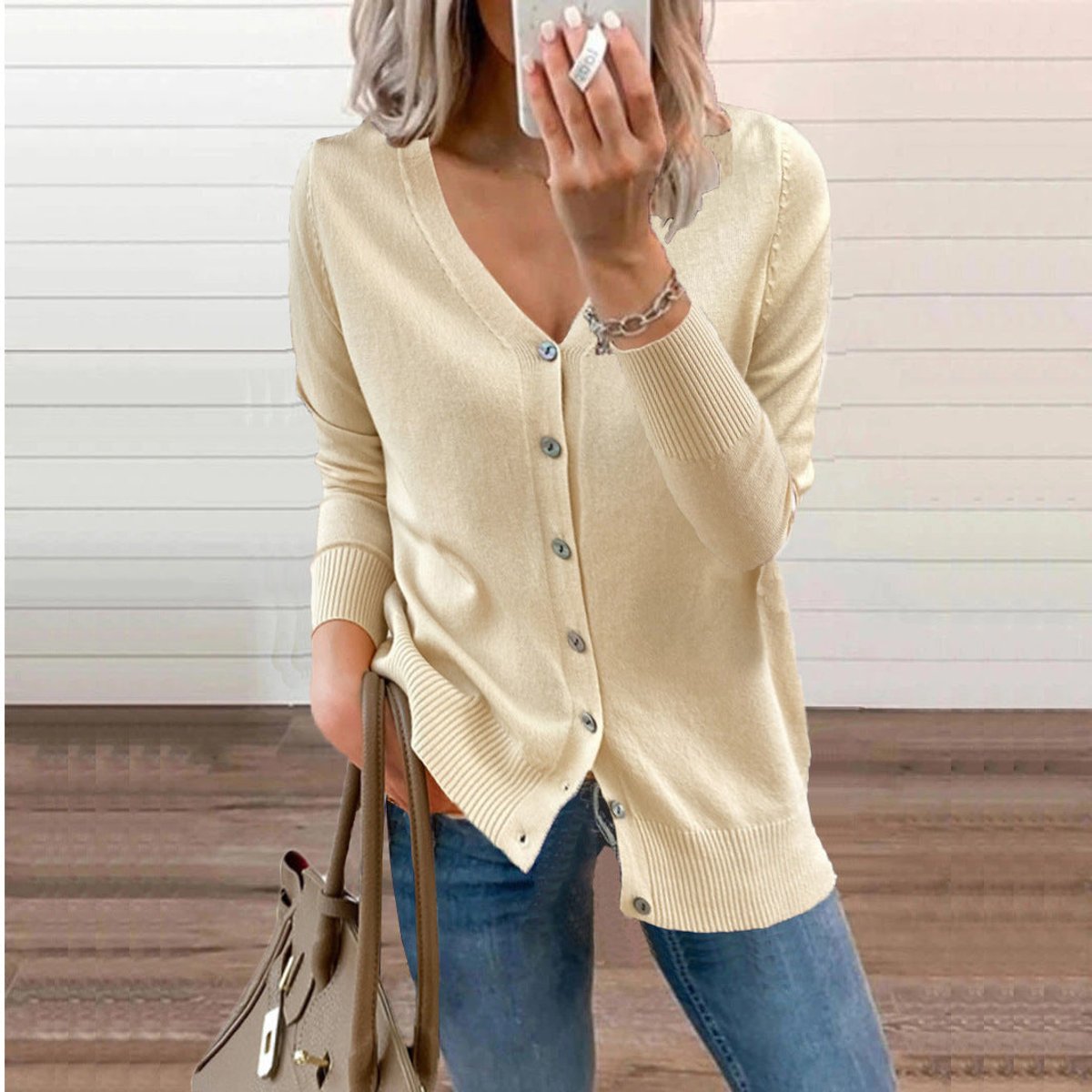 Stylish Cardigan for Women V-Neck Button-Front Long-Sleeve