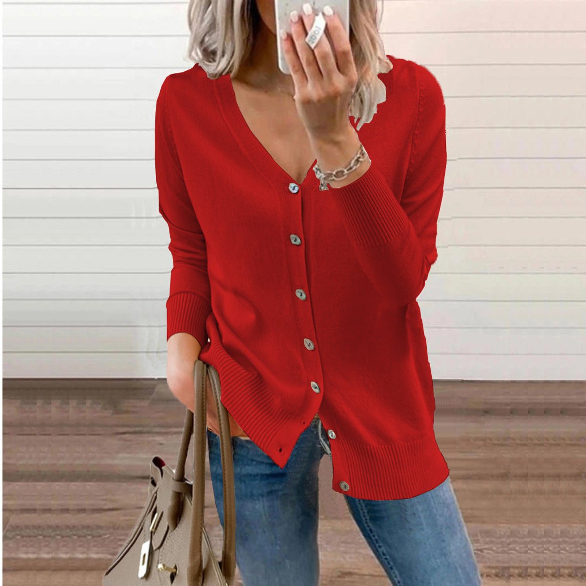 Stylish Cardigan for Women V-Neck Button-Front Long-Sleeve