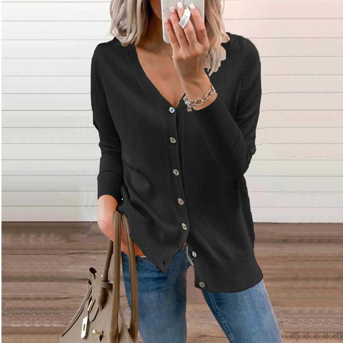 Stylish Cardigan for Women V-Neck Button-Front Long-Sleeve