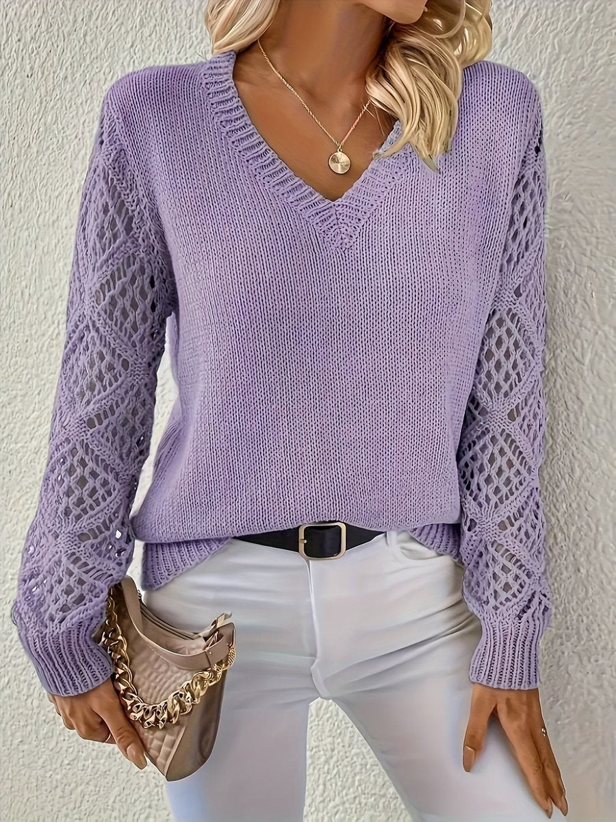 Stylish Pullover Sweater for Women V-Neck Crochet-Sleeve