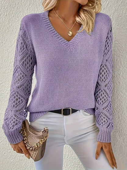 Stylish Pullover Sweater for Women V-Neck Crochet-Sleeve