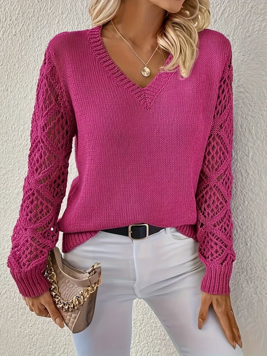 Stylish Pullover Sweater for Women V-Neck Crochet-Sleeve