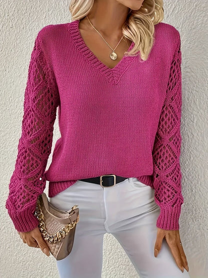 Stylish Pullover Sweater for Women V-Neck Crochet-Sleeve