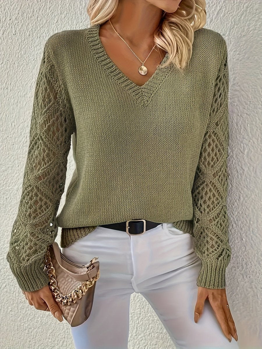Stylish Pullover Sweater for Women V-Neck Crochet-Sleeve