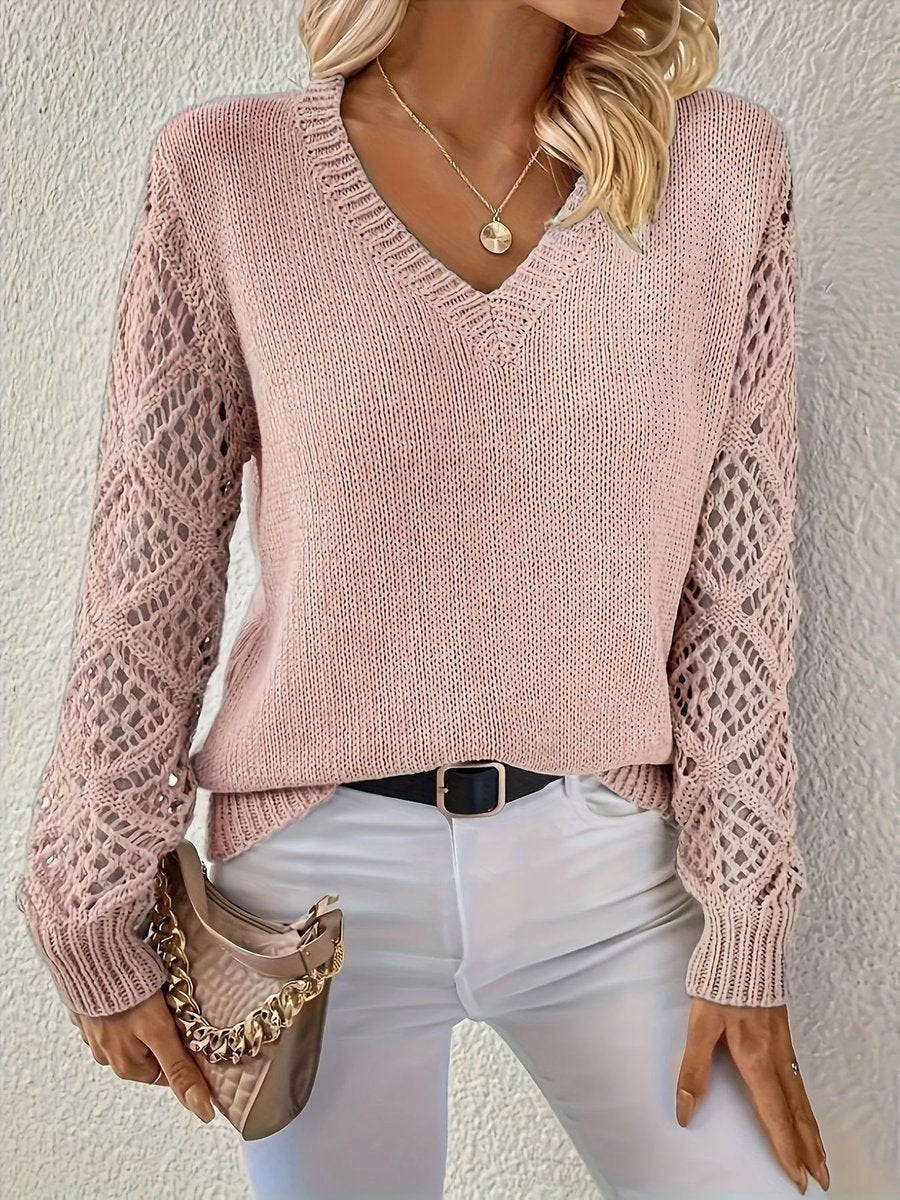 Stylish Pullover Sweater for Women V-Neck Crochet-Sleeve