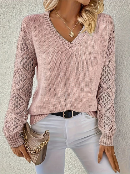 Stylish Pullover Sweater for Women V-Neck Crochet-Sleeve