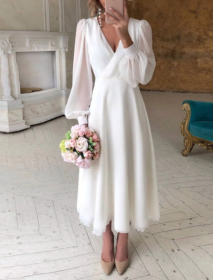 Elegant Midi Dress for Women V-Neck Puff-Sleeve A-Line
