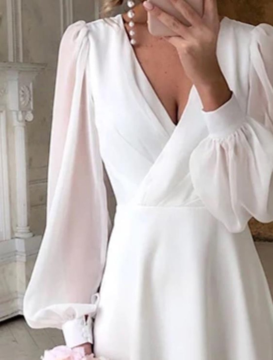 Elegant Midi Dress for Women V-Neck Puff-Sleeve A-Line