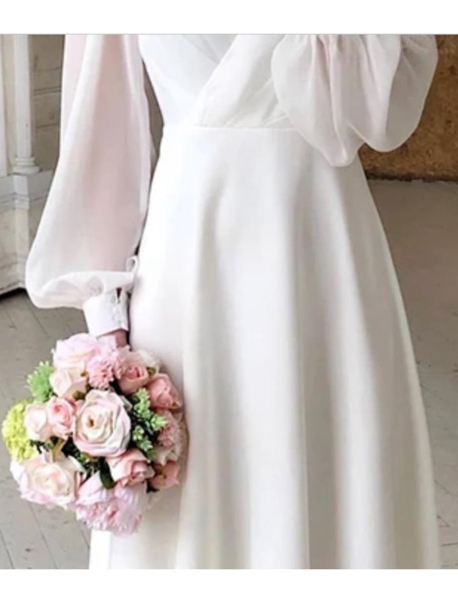 Elegant Midi Dress for Women V-Neck Puff-Sleeve A-Line