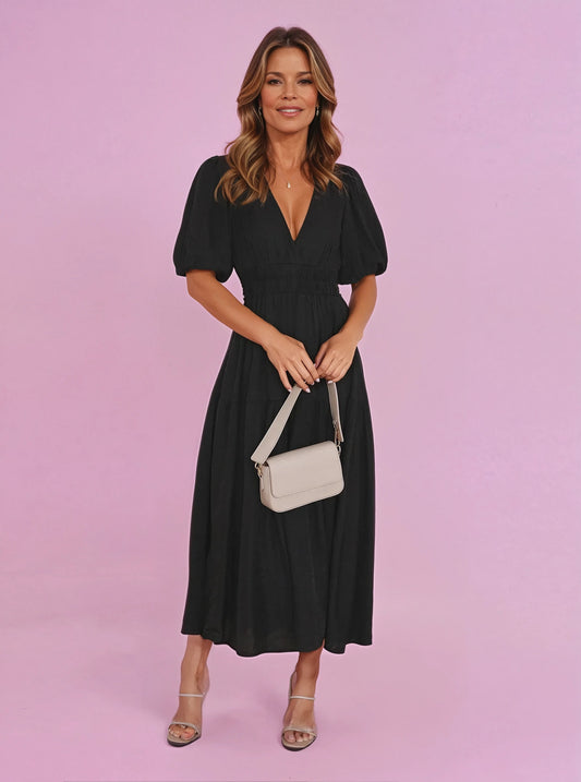 Elegant Midi Dress for Women V-Neck Puff-Sleeve Smocked-Waist
