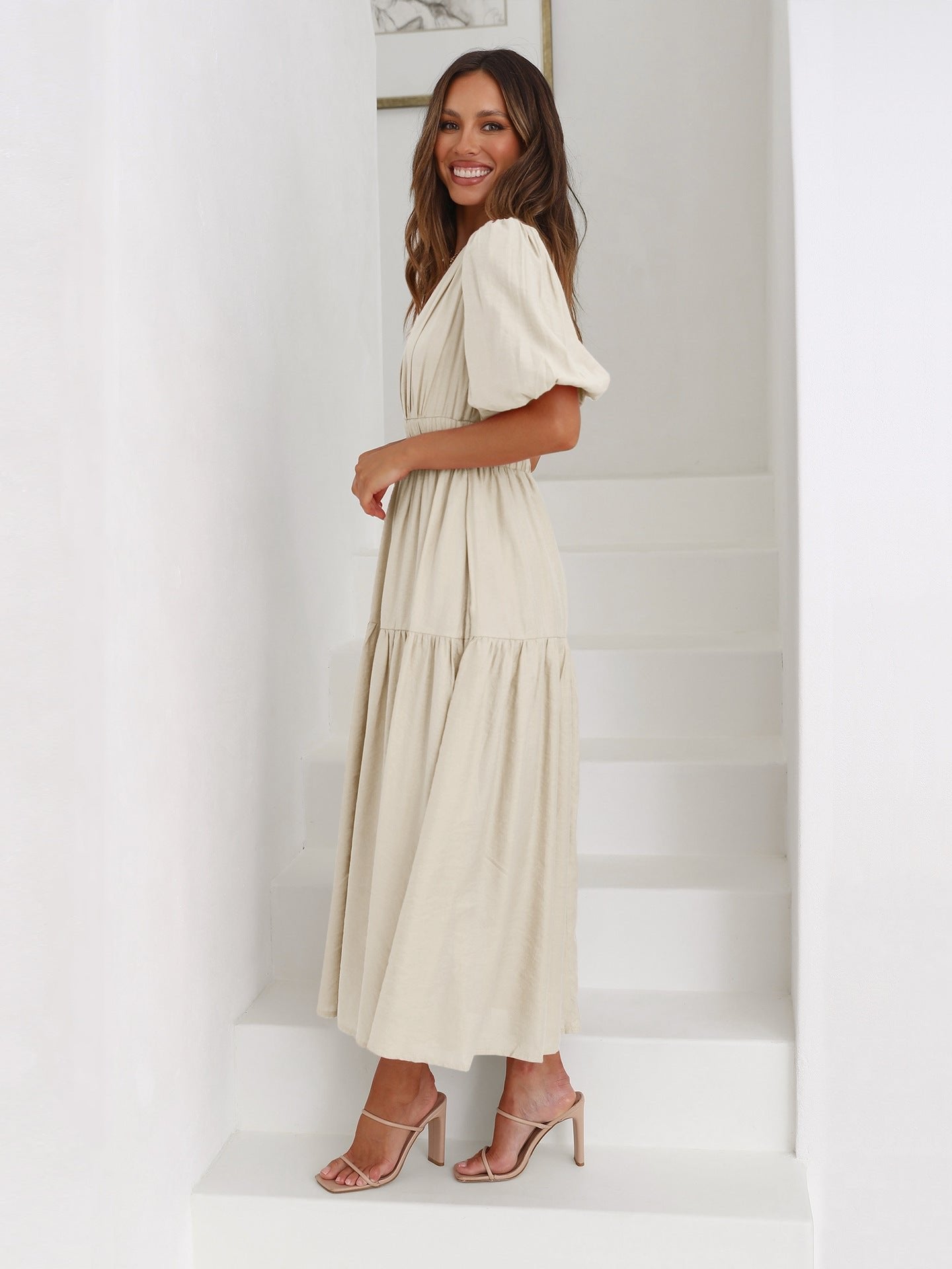 Elegant Midi Dress for Women V-Neck Puff-Sleeve Smocked-Waist