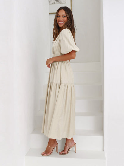 Elegant Midi Dress for Women V-Neck Puff-Sleeve Smocked-Waist