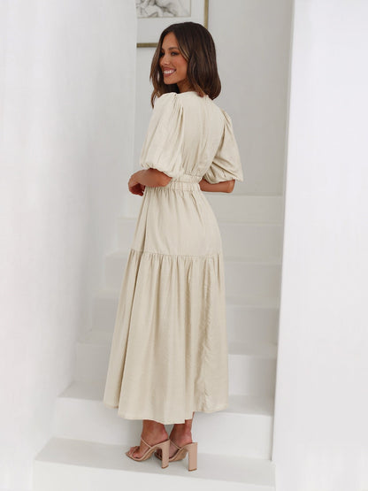 Elegant Midi Dress for Women V-Neck Puff-Sleeve Smocked-Waist