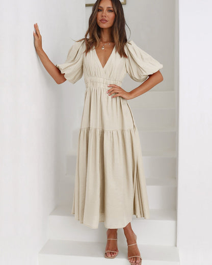 Elegant Midi Dress for Women V-Neck Puff-Sleeve Smocked-Waist