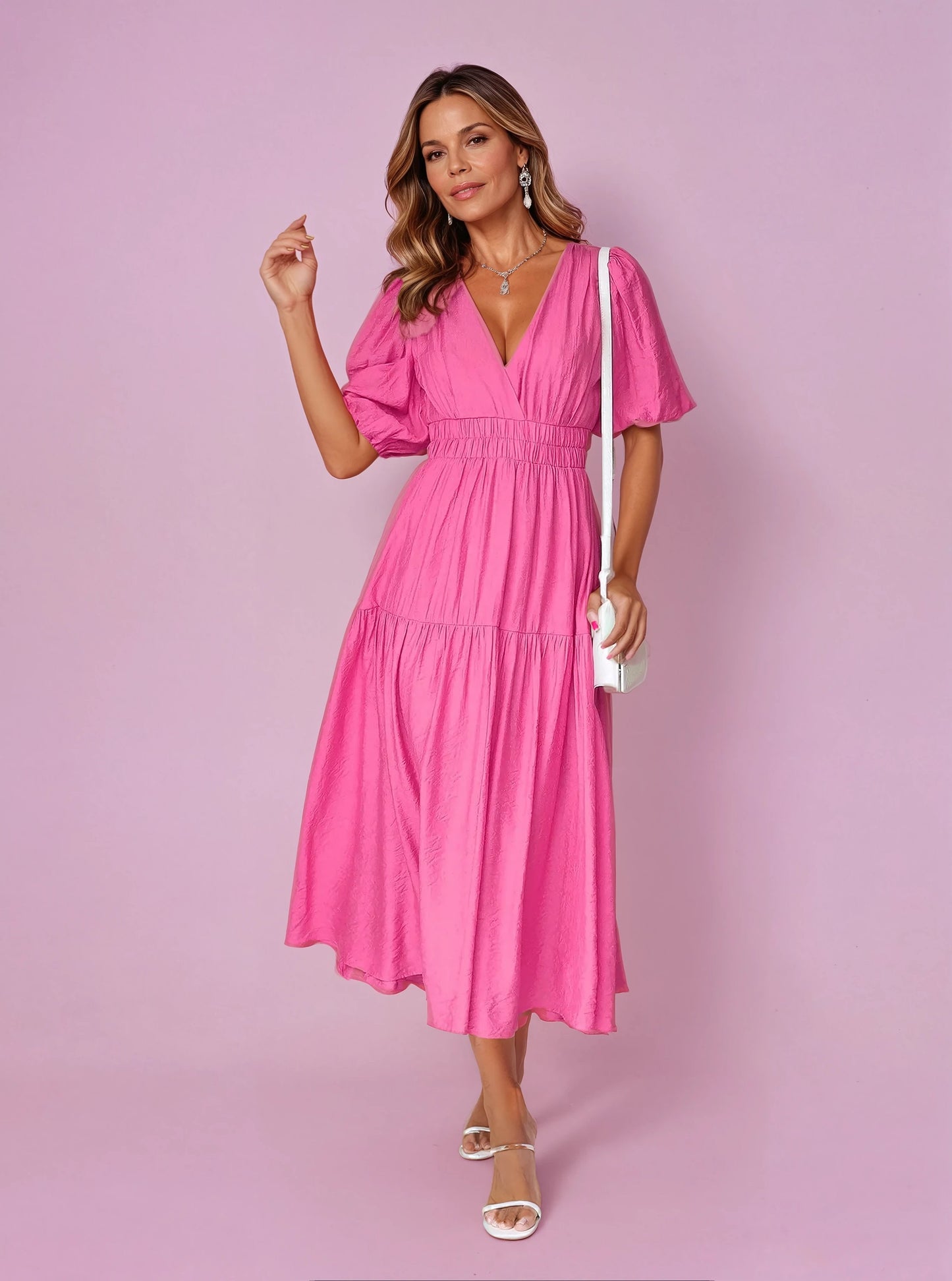 Elegant Midi Dress for Women V-Neck Puff-Sleeve Smocked-Waist