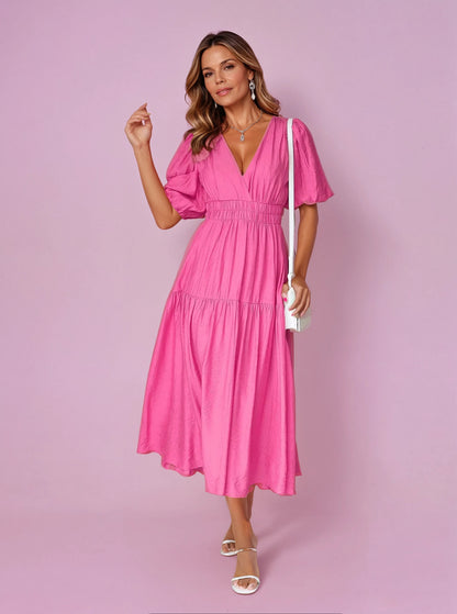 Elegant Midi Dress for Women V-Neck Puff-Sleeve Smocked-Waist