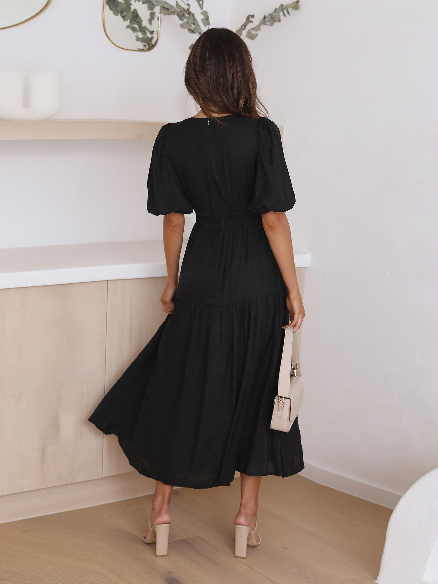 Elegant Midi Dress for Women V-Neck Puff-Sleeve Smocked-Waist
