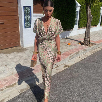 Elegant Midi Dress for Women V-Neck Twisted Animal-Print