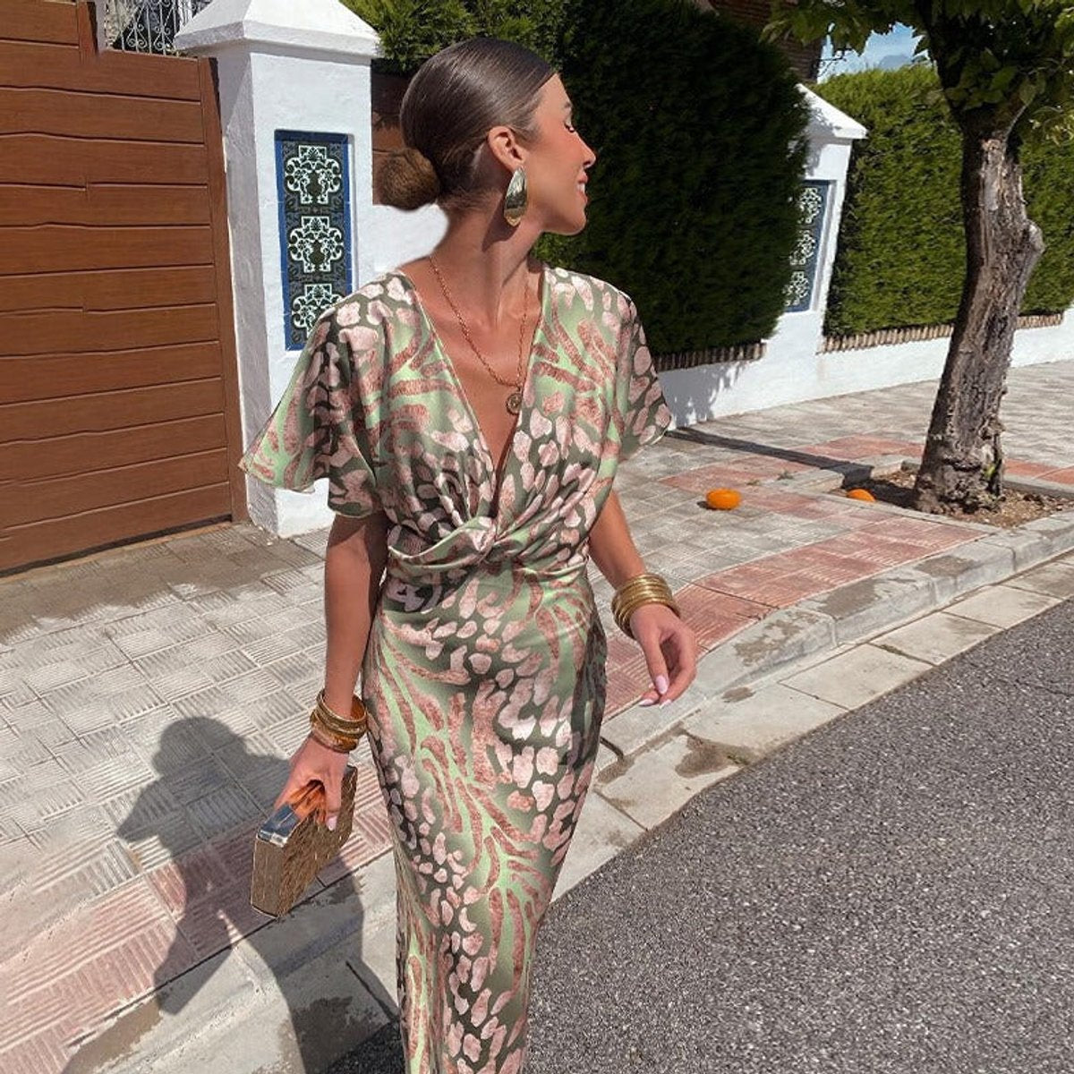 Elegant Midi Dress for Women V-Neck Twisted Animal-Print