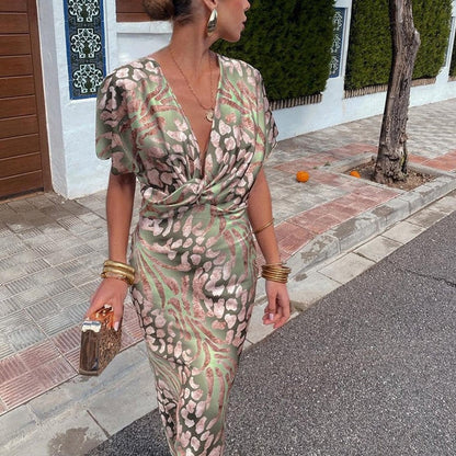 Elegant Midi Dress for Women V-Neck Twisted Animal-Print