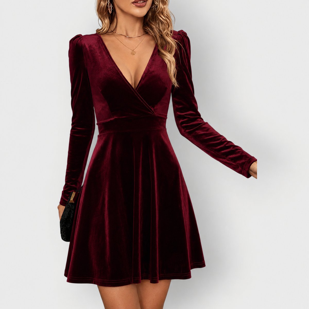 Elegant Mini Dress for Women Velvet V-Neck Skater