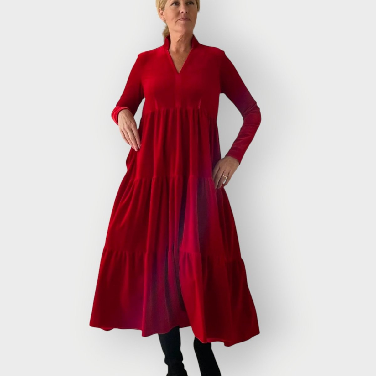 Elegant Maxi Dress for Women Velvet Tiered Long-Sleeve