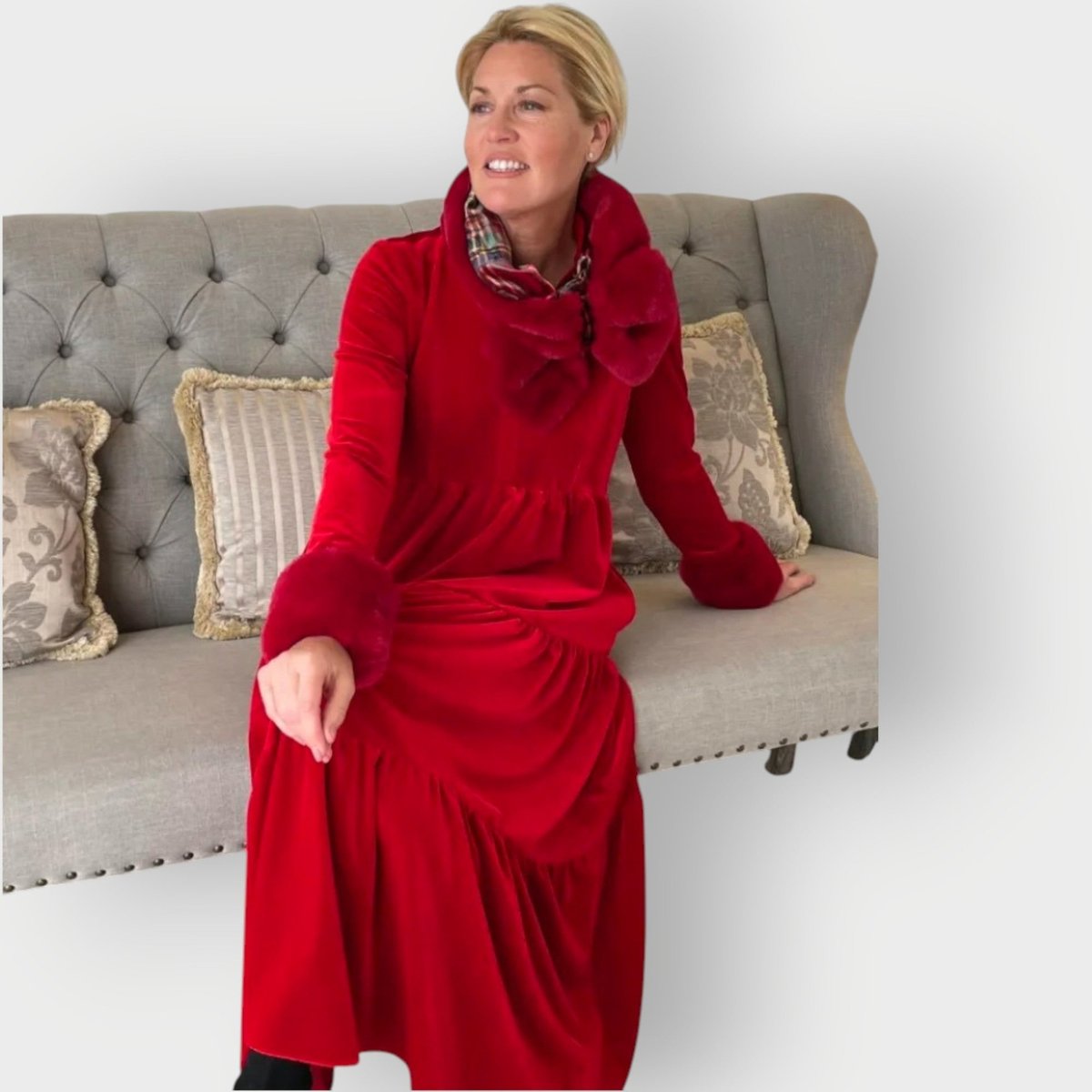 Elegant Maxi Dress for Women Velvet Tiered Long-Sleeve