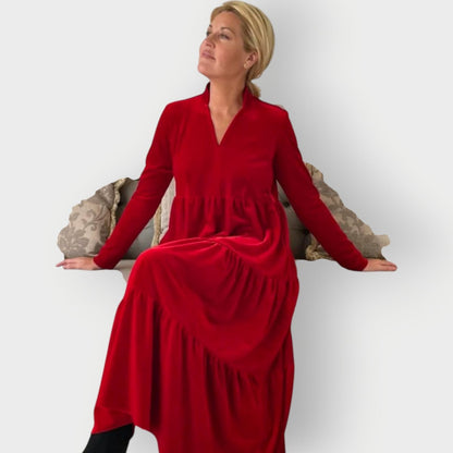 Elegant Maxi Dress for Women Velvet Tiered Long-Sleeve