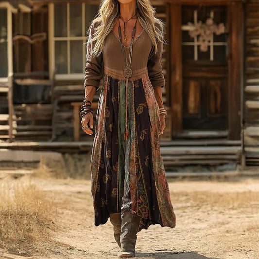 Effortless Maxi Dress for Women V-Neck Patchwork-Print Long-Sleeve