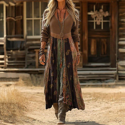 Effortless Maxi Dress for Women V-Neck Patchwork-Print Long-Sleeve