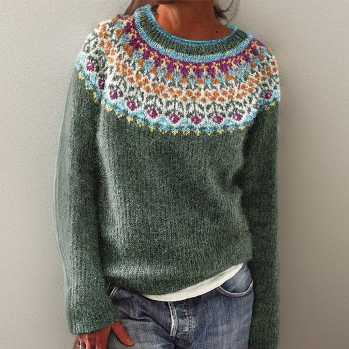 Stylish Pullover Sweater for Women Fair-Isle Yoke
