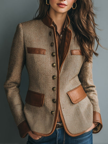 Elegant Tweed Jacket for Women Leather-Trim Button-Front