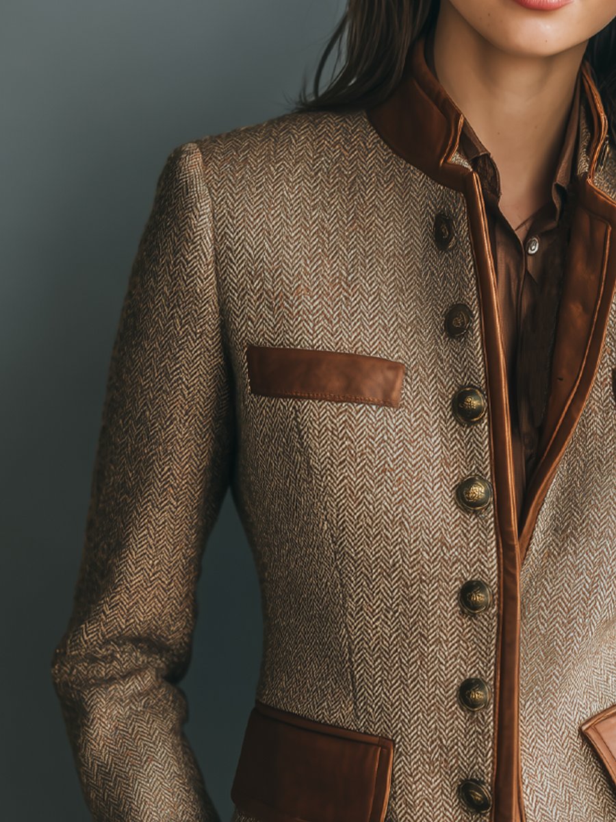 Elegant Tweed Jacket for Women Leather-Trim Button-Front