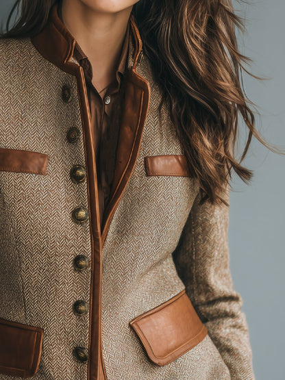 Elegant Tweed Jacket for Women Leather-Trim Button-Front