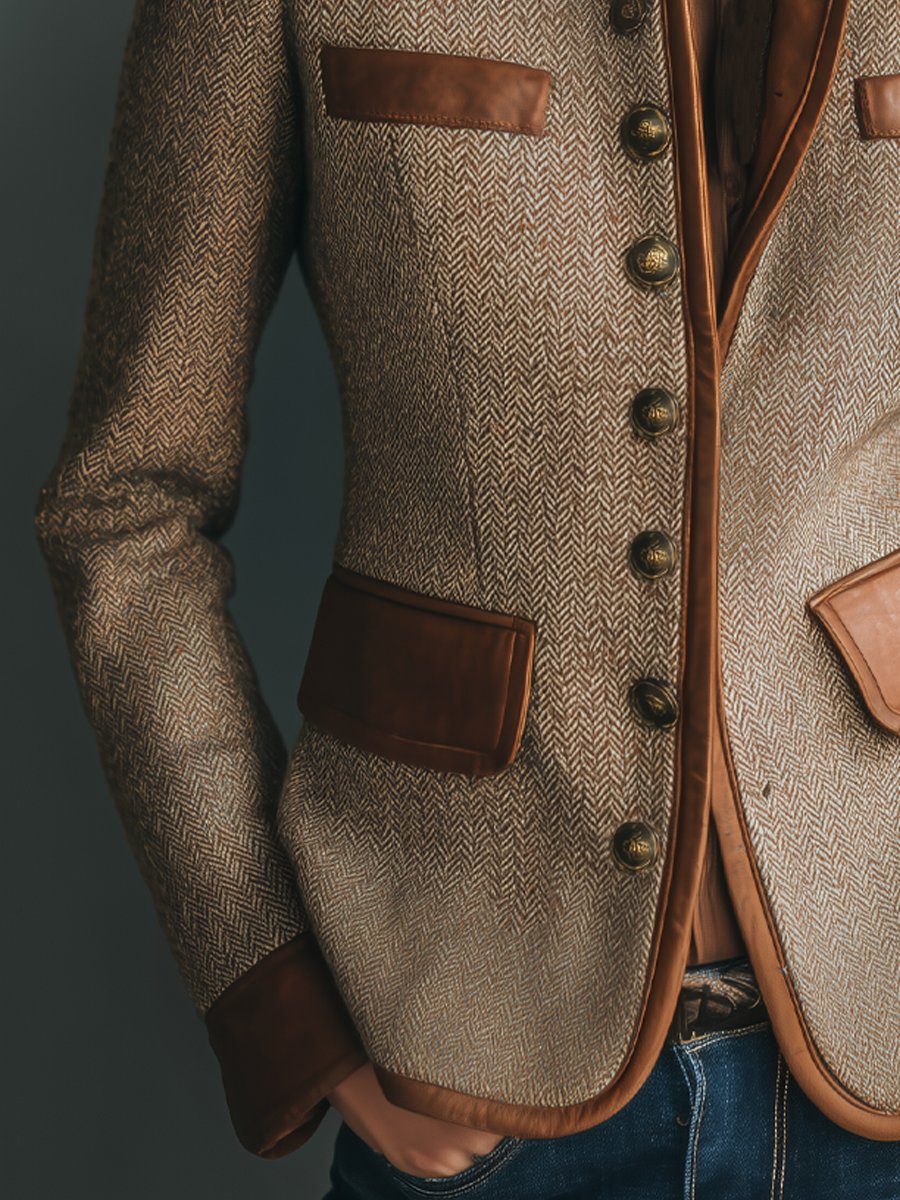 Elegant Tweed Jacket for Women Leather-Trim Button-Front