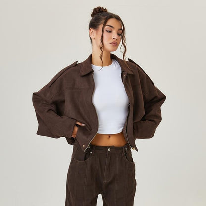 Stylish Bomber Jacket for Women Oversized Faux-Suede